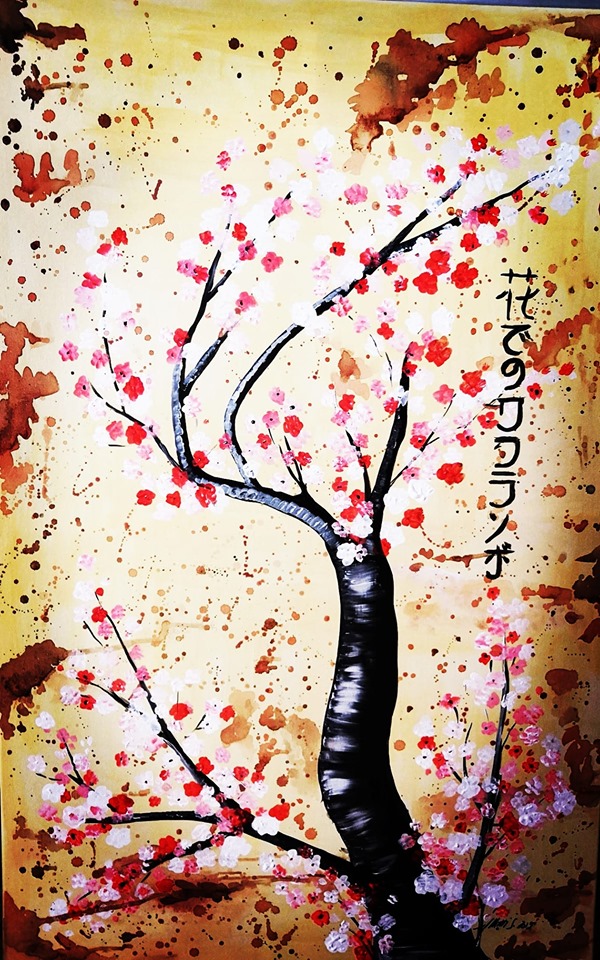 ableaux 75x115 acrylique et café "Cerisier en fleur"